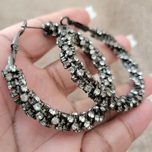 Vintage Hoop Earrings • Black and White Rhinestones • Pierced